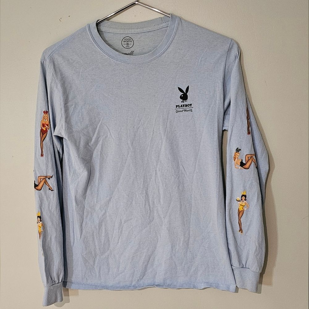 Playboy Light Blue Graphic Long Sleeve Shirt Size Small - Picture 2 of 4